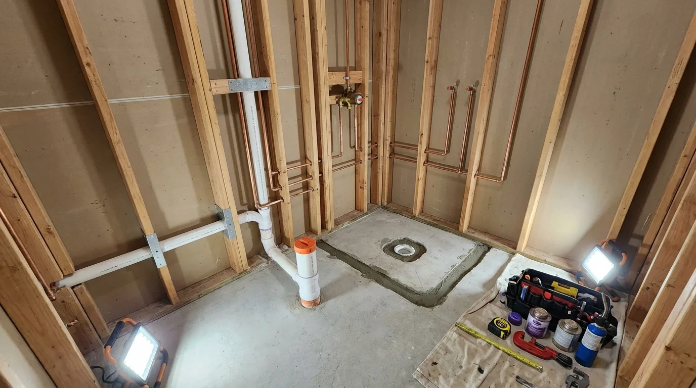 Bathroom rough-in plumbing during remodel by Johns Plumbing LLC in Cobden
