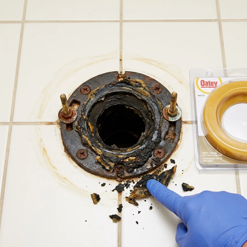Failed wax ring showing water seepage at the base of a toilet in a Cobden, IL home