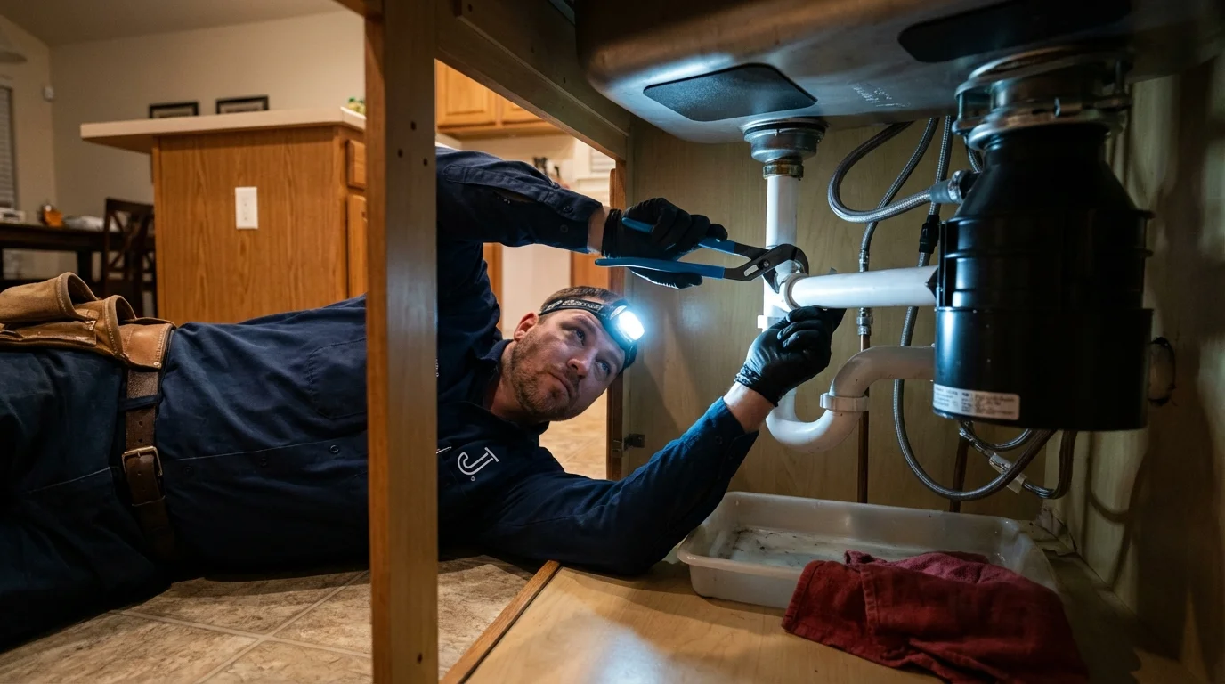 P-trap and supply line connections under a kitchen sink showing a common leak point in Cobden, IL